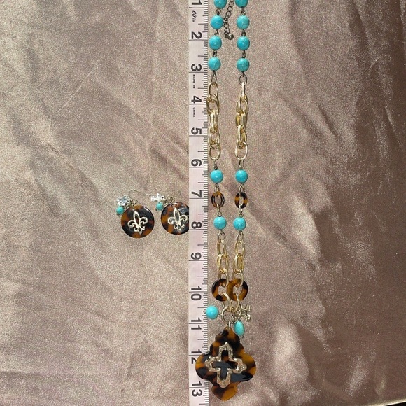 Turquoise & Tortoise Cross & Fleur-de-Lis Necklace Set Boho Designer Inspired - Picture 10 of 11
